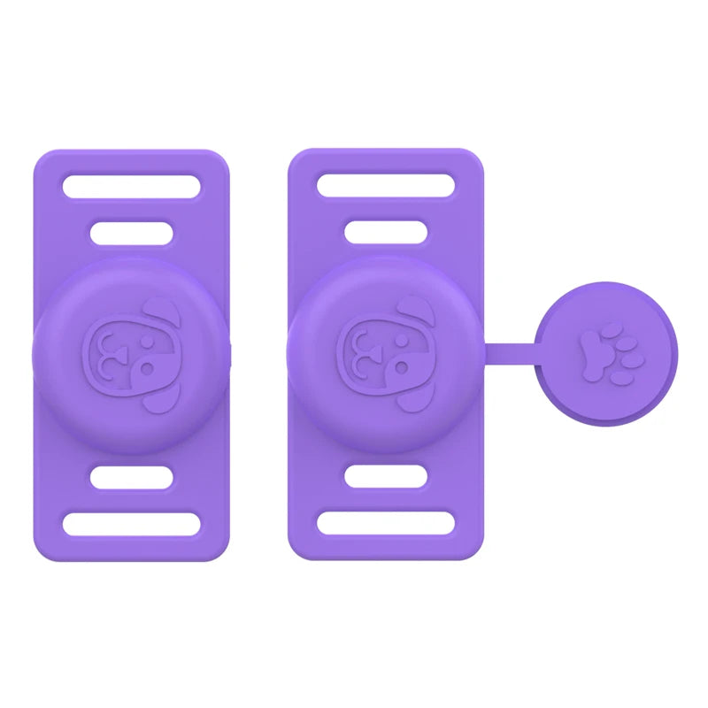 A purple silicone airtag holder designed to attach to a pet collar.