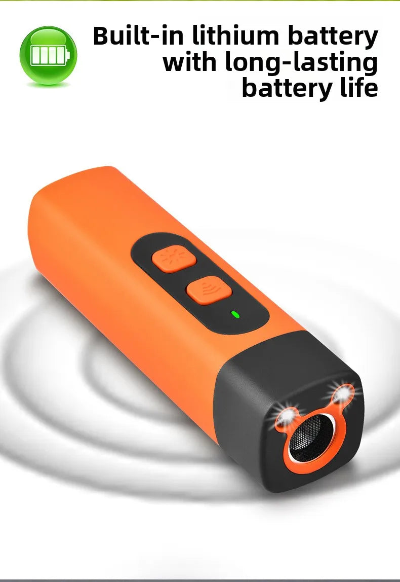 Dissuasif ultrasonique pour chiens orange avec corps noir et indicateur de batterie orange, vue de côté.