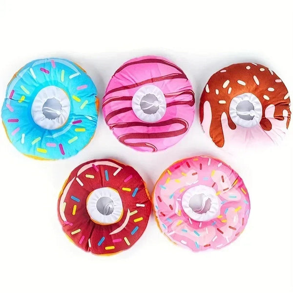 A set of five colorful pet Elizabethan collars or muzzles for wound protection