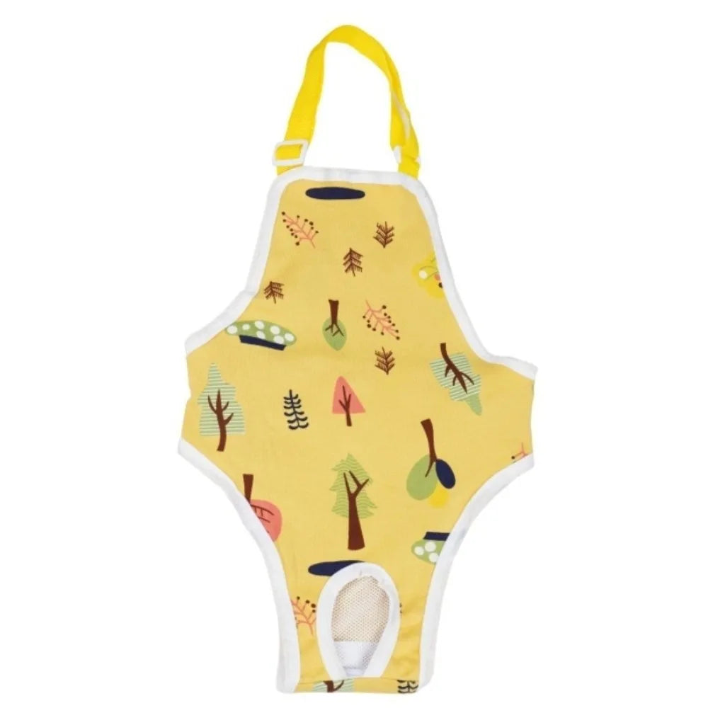 Yellow dog sanitary pants with shoulder straps featuring a nature-themed print.