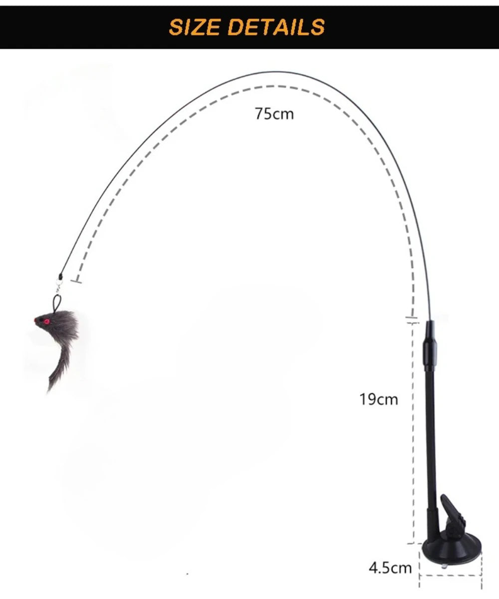 Diagram showing the size details of an interactive cat teaser wand, including a 75cm arc and various component lengths.