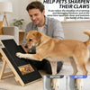 A dog is using a wooden pet scratching board while a man observes, demonstrating how to sharpen pets' claws.