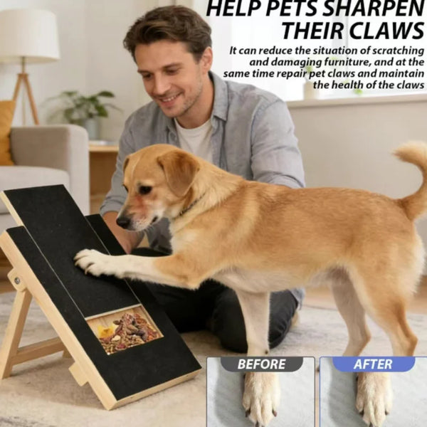 A dog is using a wooden pet scratching board while a man observes, demonstrating how to sharpen pets' claws.