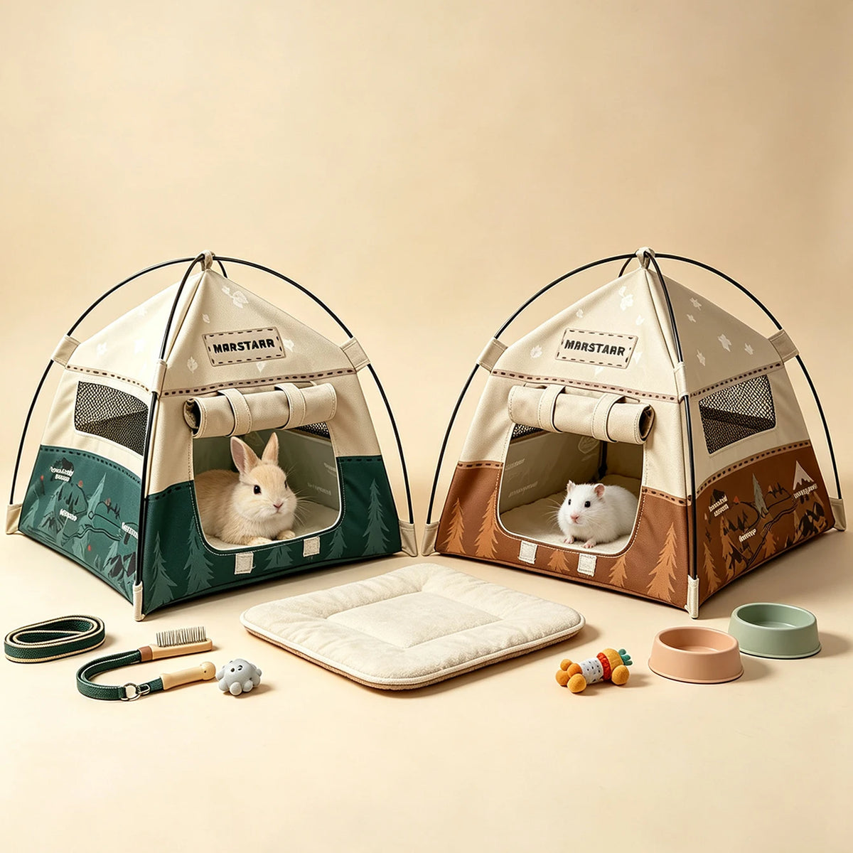 A beige and brown mesh foldable pet tent is displayed on a light surface with small toys and a white rabbit inside.