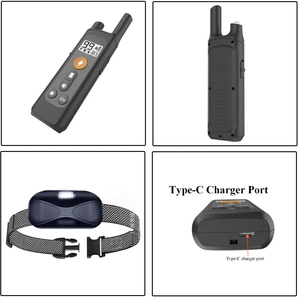 A black electric dog training collar with a remote control and a Type-C charger port.
