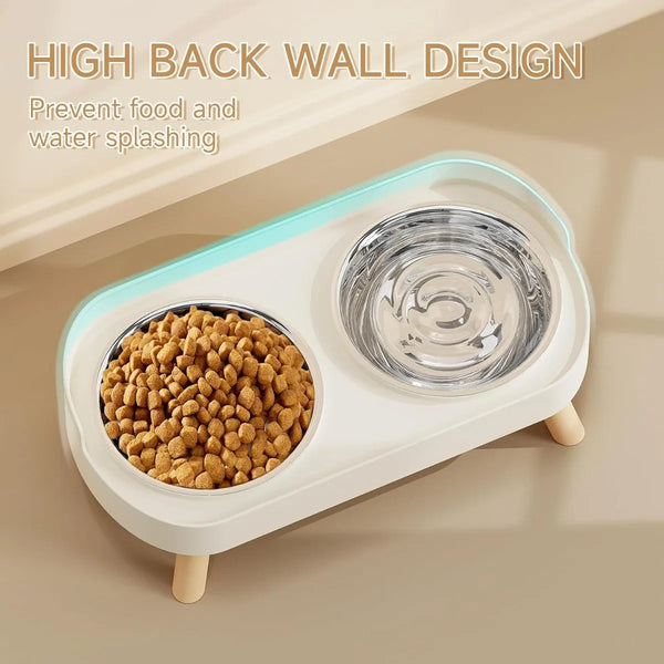 A white elevated bowl set for cat food and water featuring a food compartment and a water bowl.
