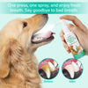 A dog smiles while a person sprays Pet Oral Freshening Spray on its mouth, showing before and after results.