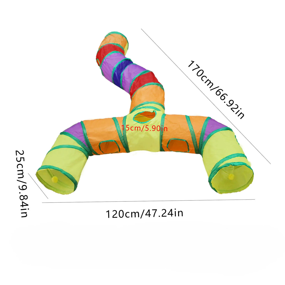 An orange foldable cat play tunnel with colorful striped sections, measuring 120cm long and 25cm high.