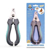 A pair of stainless steel pet nail clippers with a safety stop and built-in file shown against a blue background.