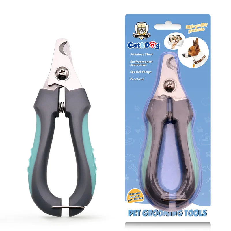 A pair of stainless steel pet nail clippers with a safety stop and built-in file shown against a blue background.