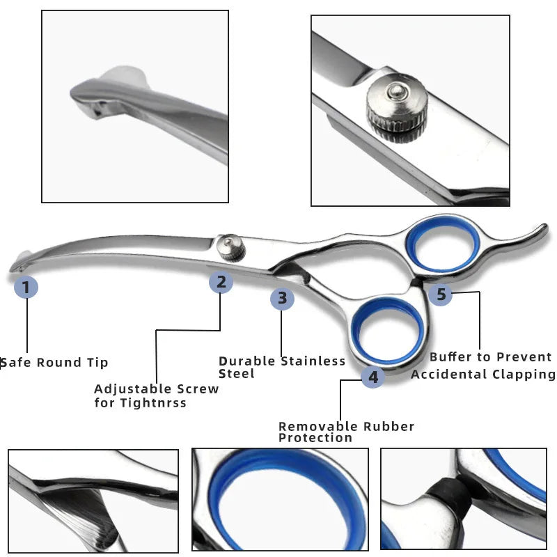 Professionelles Edelstahl-Grooming-Schere-Set mit verschiedenen Teilen und Anwendungsbeispielen.