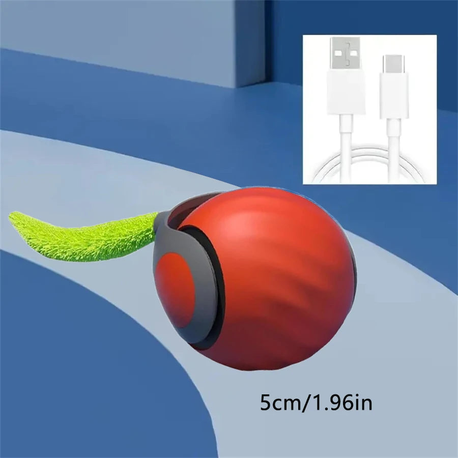 A red electric cat ball toy with a green grass accessory and a USB charging cable shown against a blue background.
