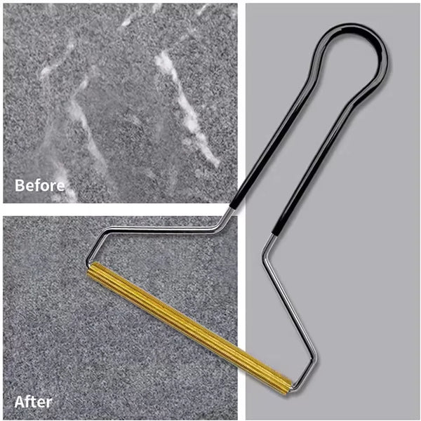 Before and after comparison of a manual lint remover brush for fabric and pet hair.