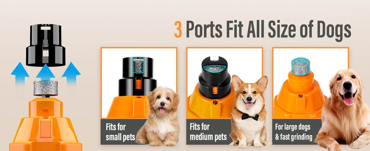 Three orange and black dog nail grinders fit small, medium, and large dogs.