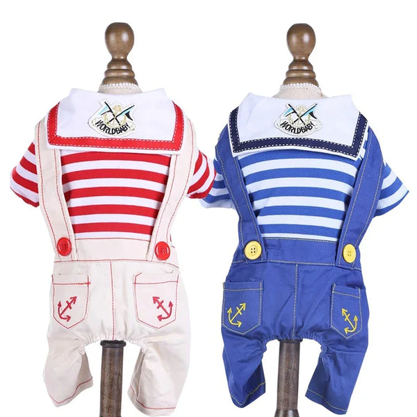 A sailor themed dog jumpsuit costume with red and white stripes and blue and white stripes.