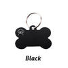 Black personalized bone-shaped dog ID tag with a metal keyring.