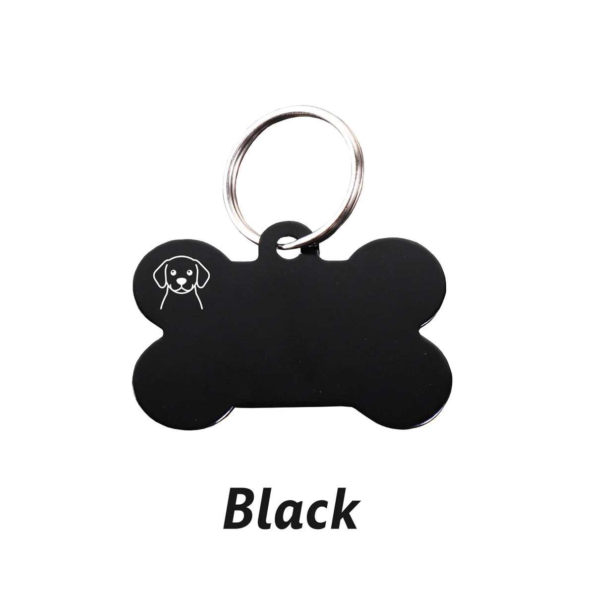 Black personalized bone-shaped dog ID tag with a metal keyring.