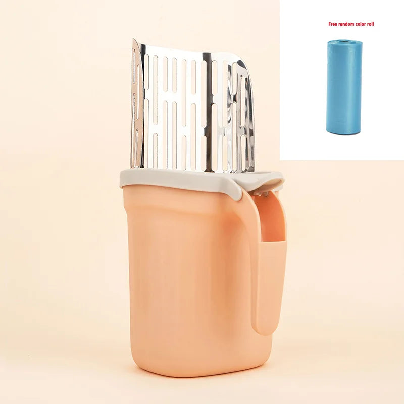 A stainless steel cat litter shovel with a refill bag is shown in a peach-colored container.