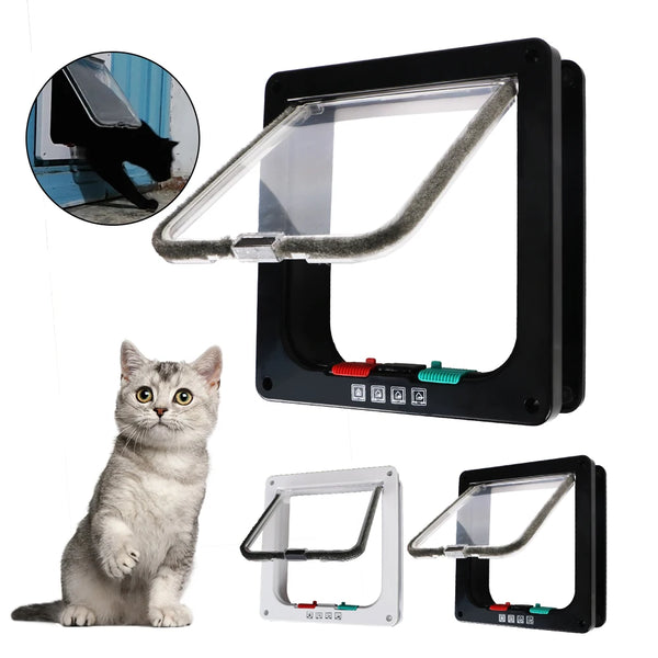 A set of black pet doors for dogs and cats, including a rectangular frame and multiple locking mechanisms.