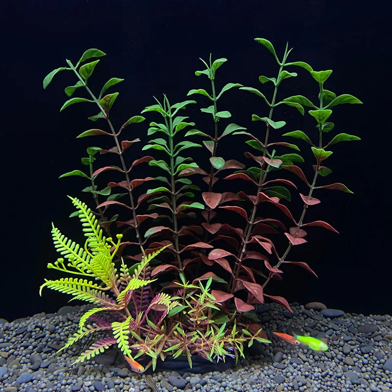 Un amas de plantes aquatiques artificielles avec des feuilles vertes et brun-rougeâtre, poussant dans un substrat sombre.