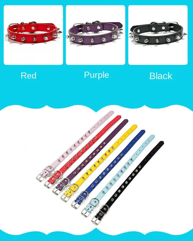 Three leather dog collars in red purple and black with metal rivets displayed side by side.