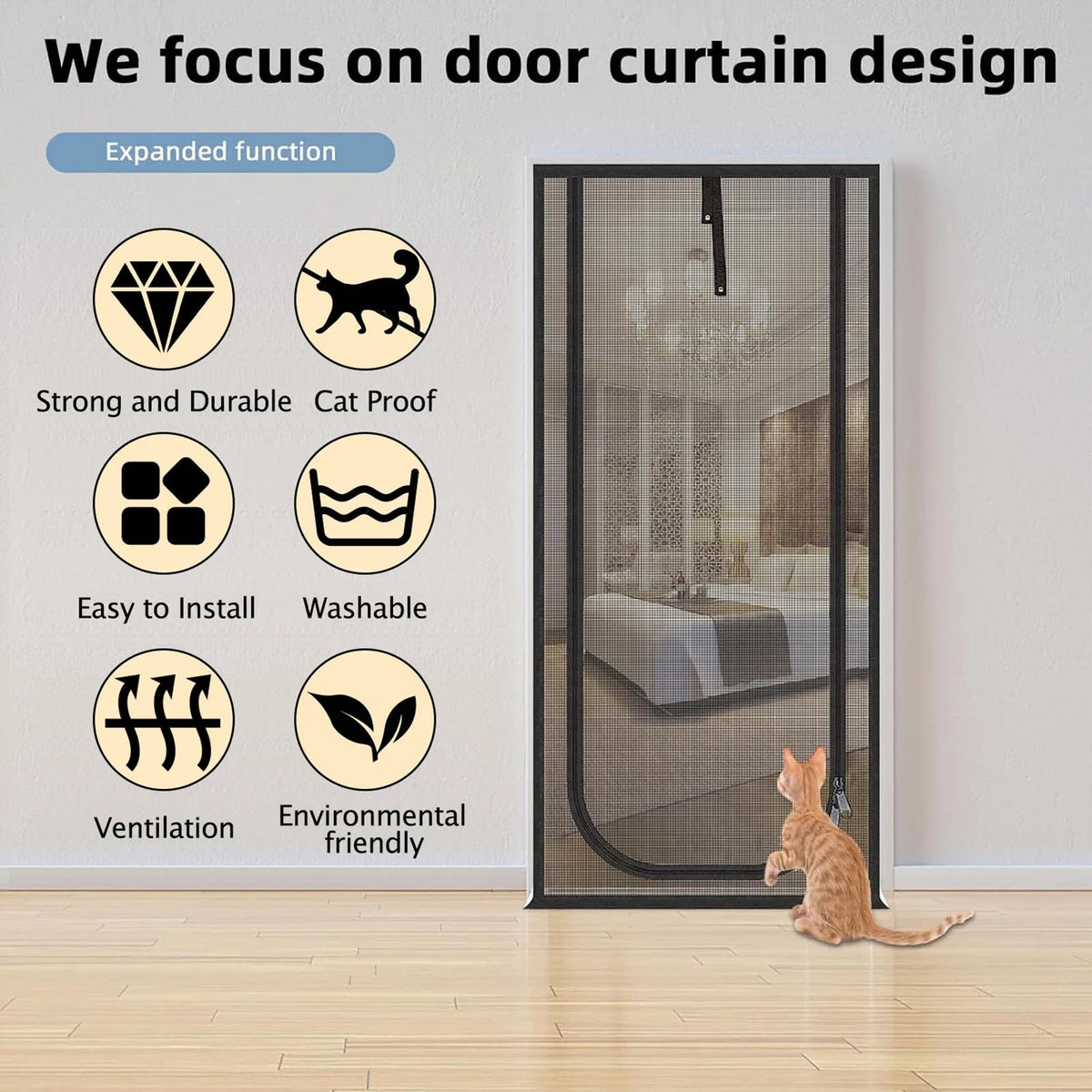 Cortina mosquitera resistente para mascotas instalada en una puerta de vidrio, destacando durabilidad y ventilación.