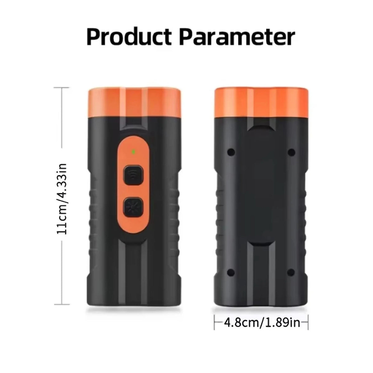 Black and orange dual head ultrasonic dog repeller device shown with dimensions.