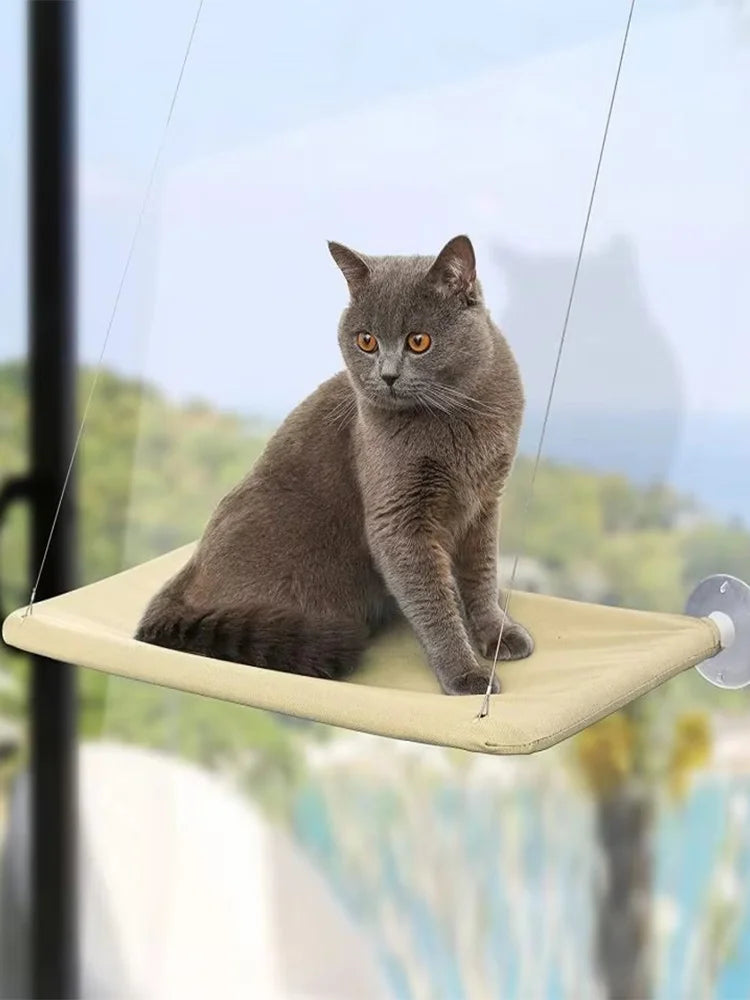 A gray cat is resting on a beige hammock bed suspended by strings in an outdoor setting.