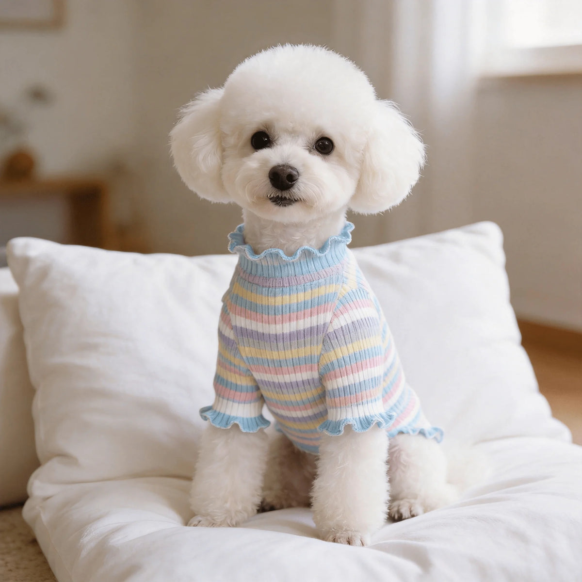 A white poodle wearing a striped cotton dog t-shirt sitting on a white pillow.