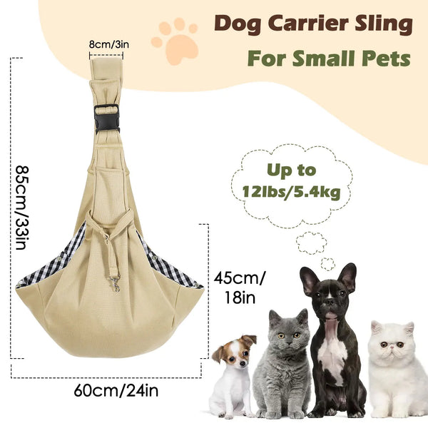 A beige dog carrier sling for small pets shown with a dog, a cat, and a small white dog.