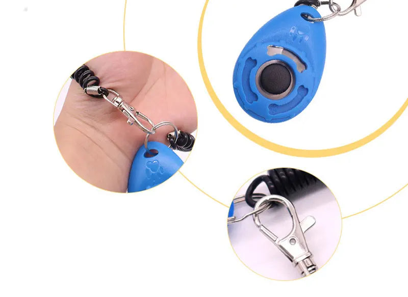 Blauer, verstellbarer Hundetrainer-Klicker mit Metallkette und Clip in verschiedenen Winkeln