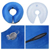 Blue inflatable pet recovery collar shown in various forms including a circular and an inverted U-shaped silicone design, and