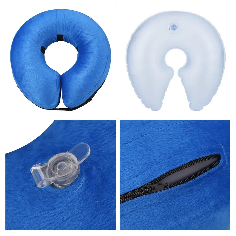 Blue inflatable pet recovery collar shown in various forms including a circular and an inverted U-shaped silicone design, and
