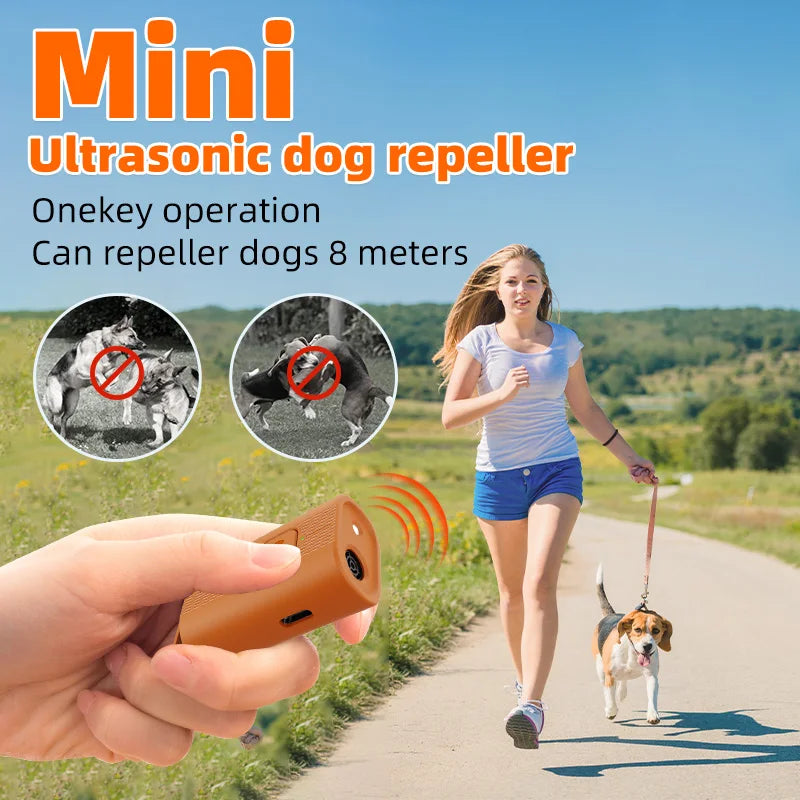 A woman is using a portable ultrasonic dog repeller device to deter dogs on a path.