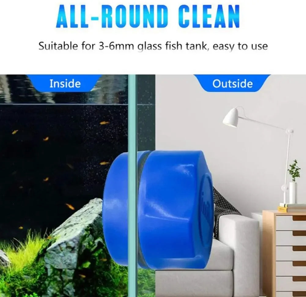 Outil magnétique bleu pour nettoyer l'intérieur et l'extérieur d'un aquarium en verre de 3 à 6 mm.