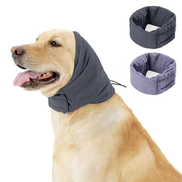 A golden retriever wearing a gray calming hoodie and ear covers, with separate accessories shown.