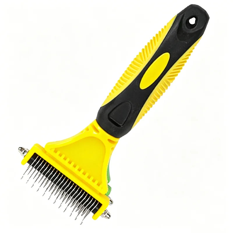 Yellow and black 2-in-1 pet detangler comb and grooming brush with fine teeth