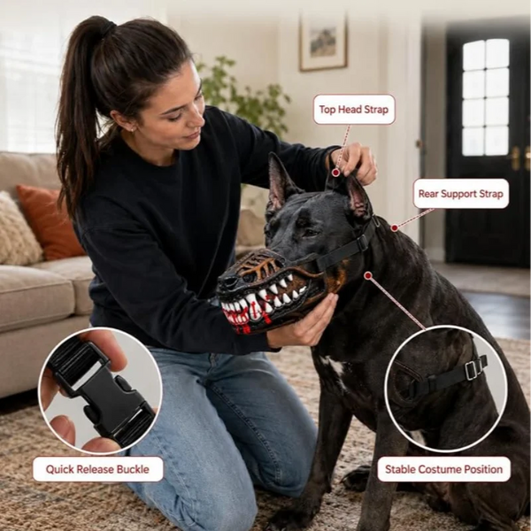 A woman is putting a funny dog muzzle costume on a black dog, showing the quick release buckle and rear support strap feature