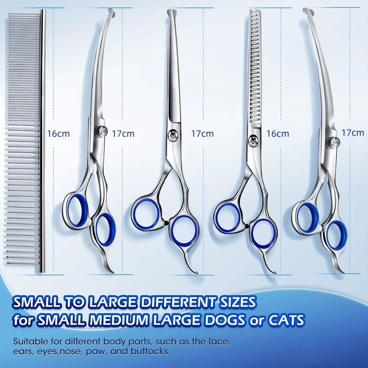 A set of professional stainless steel pet grooming scissors in various sizes for small to large dogs or cats