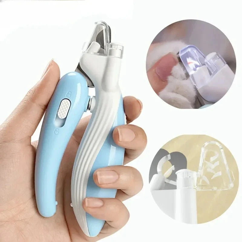 A hand holds a light blue pet nail clipper and its components, showing the clippers and a separate LED light tool.