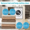 A collection of blue and beige reusable lint catchers are displayed in front of a washing machine.