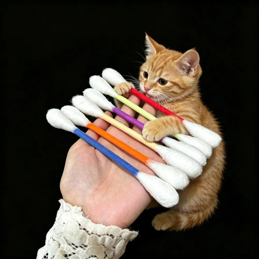 A small orange tabby cat is holding a set of cotton swab shaped toys in its paws against a black background.