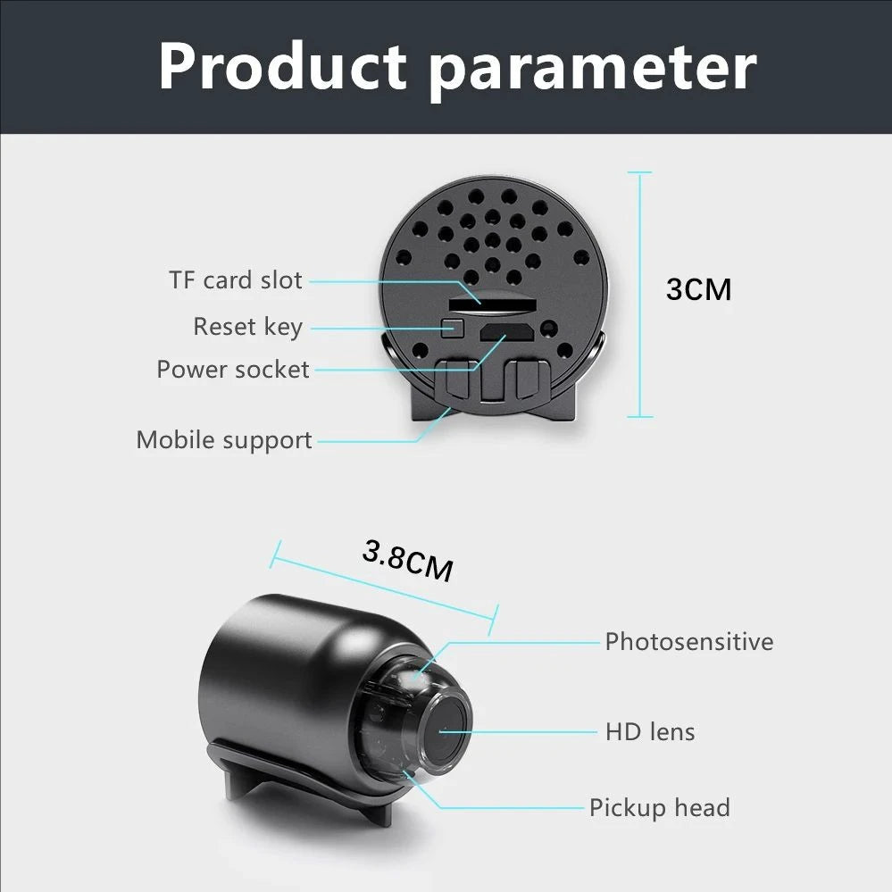 Diagram showing the product parameters including a TF card slot, reset key, power socket, mobile support, and HD lens pickup 