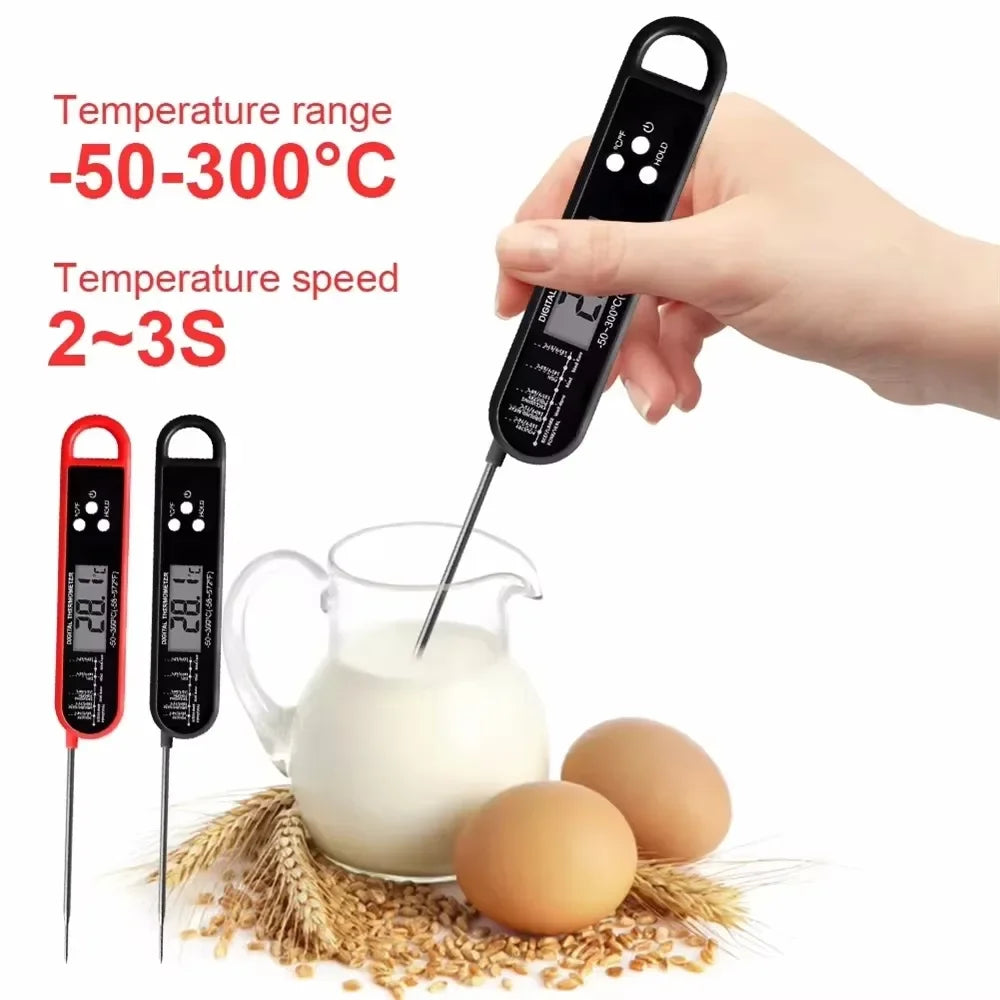 A hand holds a digital meat thermometer measuring the temperature of liquid in a glass, with raw eggs and wheat stalks nearby
