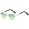 Funny heart-shaped pet sunglasses with light green lenses and gold-toned frames