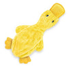 A bright yellow plush duck toy with a beak and small eyes.