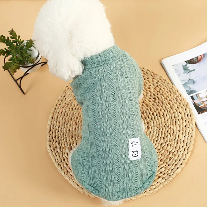 A light mint green knitted winter sweater for dogs or cats with a fluffy white collar, resting on a woven mat.