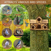 A wooden bird house with various bird species illustrations attached to a tree trunk.