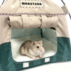 A small brown mouse is visible inside a beige mesh pet tent with a clear window.