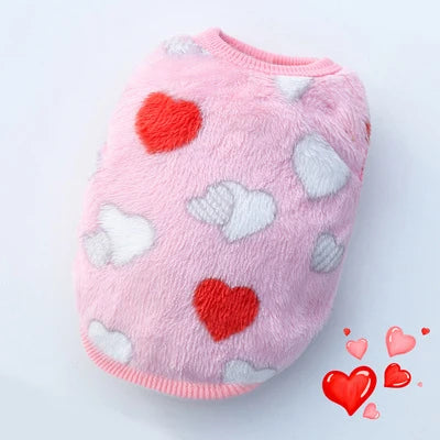 Pink fleece puffer vest with white cloud and red heart appliqués for small pets